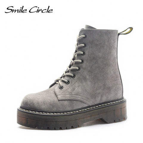 Smile Circle Size36-41 Chunky Motorcycle Boots For Women Autumn 2018 Fashion Round Toe Lace-up Combat Boots Ladies Shoes