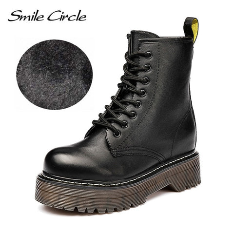 Smile Circle Size36-41 Chunky Motorcycle Boots For Women Autumn 2018 Fashion Round Toe Lace-up Combat Boots Ladies Shoes