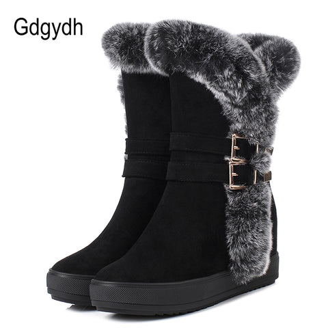 Gdgydh Fashion Buckle Winter Boots Women Waterproof Real Fur Winter Shoes Warm Plush Inside With Zipper Wedges Drop Shipping