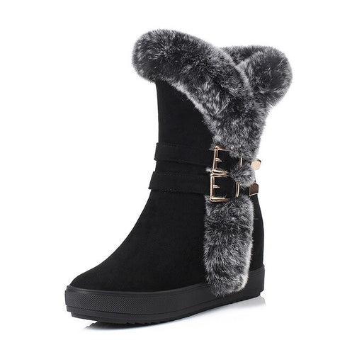 Gdgydh Fashion Buckle Winter Boots Women Waterproof Real Fur Winter Shoes Warm Plush Inside With Zipper Wedges Drop Shipping