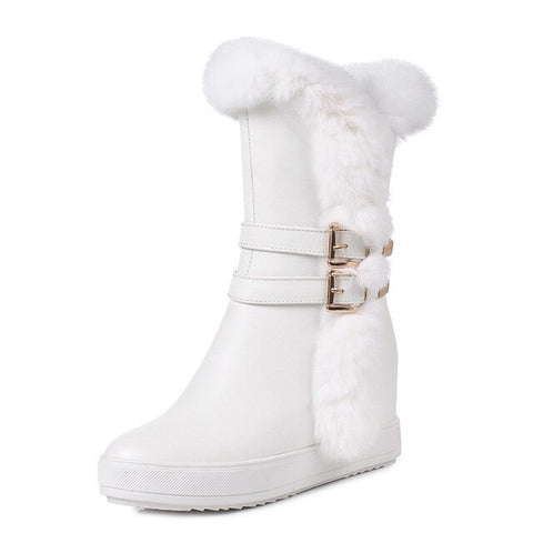 Gdgydh Fashion Buckle Winter Boots Women Waterproof Real Fur Winter Shoes Warm Plush Inside With Zipper Wedges Drop Shipping