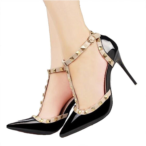 QSR 10CM PUMPS woman Summer Women's shoes fashion female sandals rivet Metal decoration pu leather women high heels