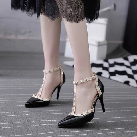 QSR 10CM PUMPS woman Summer Women's shoes fashion female sandals rivet Metal decoration pu leather women high heels