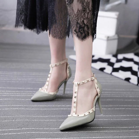 QSR 10CM PUMPS woman Summer Women's shoes fashion female sandals rivet Metal decoration pu leather women high heels