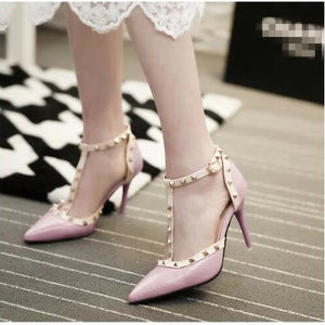 QSR 10CM PUMPS woman Summer Women's shoes fashion female sandals rivet Metal decoration pu leather women high heels