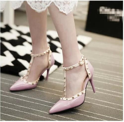 QSR 10CM PUMPS woman Summer Women's shoes fashion female sandals rivet Metal decoration pu leather women high heels