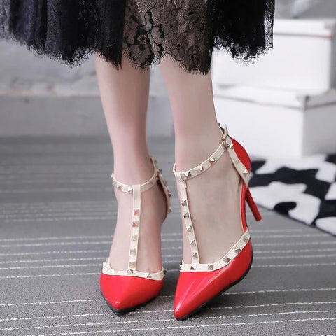 QSR 10CM PUMPS woman Summer Women's shoes fashion female sandals rivet Metal decoration pu leather women high heels