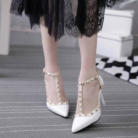 QSR 10CM PUMPS woman Summer Women's shoes fashion female sandals rivet Metal decoration pu leather women high heels