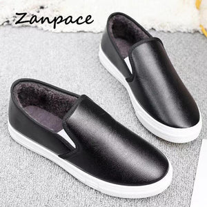 Black Platform Shoes Woman College Style Winter Keep Warm Casual Loafers Leather Shoes Slip-On Ladies Flats Platform Shoes