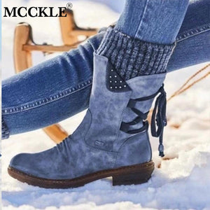 MCCKLE Women's Mid Calf Boots Winter Woman Warm Zip Snow Boots Female PU Leather Solid Sewing Platform Shoes Women Causal Boots