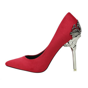 Korean version of the pointed single shoes red bride shoes metal hollow suede stiletto heels explosion promotion