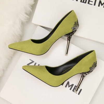 Korean version of the pointed single shoes red bride shoes metal hollow suede stiletto heels explosion promotion