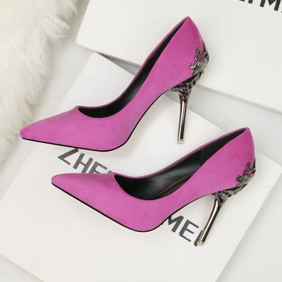 Korean version of the pointed single shoes red bride shoes metal hollow suede stiletto heels explosion promotion