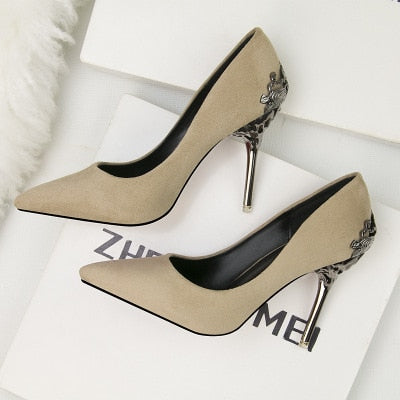 Korean version of the pointed single shoes red bride shoes metal hollow suede stiletto heels explosion promotion