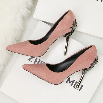 Korean version of the pointed single shoes red bride shoes metal hollow suede stiletto heels explosion promotion