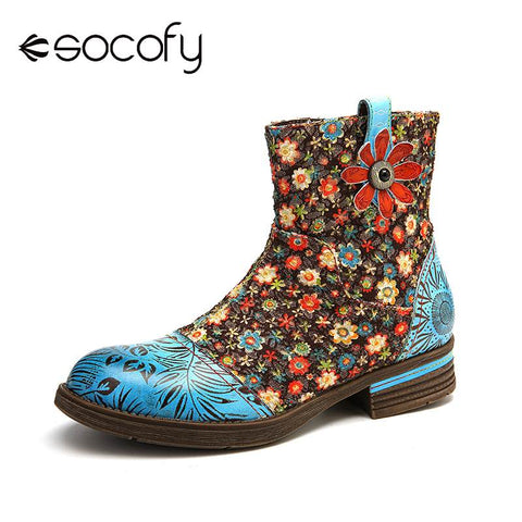 Socofy Women Flowers Splicing Genuine Leather Comfortable Ankle Boots Ladies Shoes Elegant Shoes Women Botines Mujer 2019