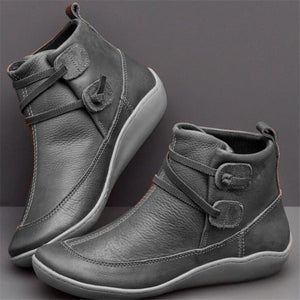 Ankle Boots Women PU Leather Women's Winter Cross Strap Vintage Plush Punk Warm Short Boots Flat Ladies Shoes Woman Botas Mujer