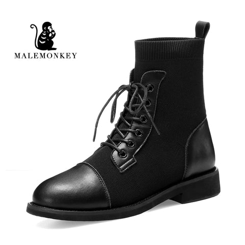 2019 New Ankle Boots Women Fashion Lace up Low Heel Platform Woman Sewing Winter Boots Comfortable Style Shoes