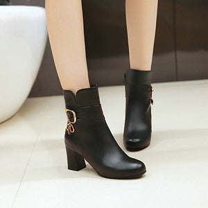 Female Comfortable Thick Heel Ankle Boots Fashion Buckle Zipper Boots Women Round Toe Fall Winter Shoes Black White Pink