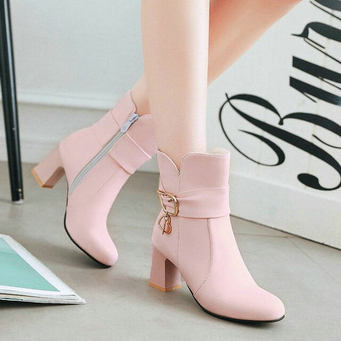 Female Comfortable Thick Heel Ankle Boots Fashion Buckle Zipper Boots Women Round Toe Fall Winter Shoes Black White Pink