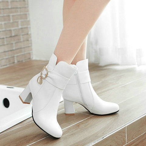 Female Comfortable Thick Heel Ankle Boots Fashion Buckle Zipper Boots Women Round Toe Fall Winter Shoes Black White Pink