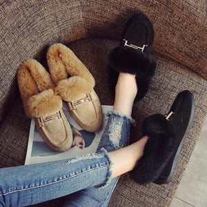 Shoes Women Winter Flats Furry Loafers Metal Decoration Round Toe Shoes Casual Slip on Rabbit Fur Slides Big Size Zapatos Mujer