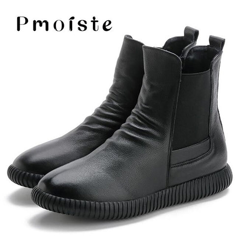 Women's Shoes Made Of Genuine Leather Elastic Band Ankle Boots For Women Sturdy Sole Snow Boots Woman 2019 Autumn Winter