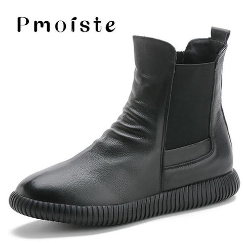 Women's Shoes Made Of Genuine Leather Elastic Band Ankle Boots For Women Sturdy Sole Snow Boots Woman 2019 Autumn Winter