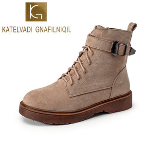 KATELVADI Vintage Classic Winter Ankle Boots Women Flock Thick Heel Buckles Motorcycle Lady's Shoes 35-43 K-534