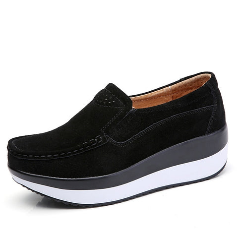 OdoRola Women's Flat Leather Shoes Thick Bottom Suede Slip-ons Loafers Platform Casual Shoes Body Slimming Shaking Shoes