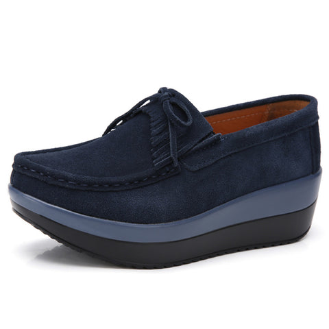 OdoRola Women's Flat Leather Shoes Thick Bottom Suede Slip-ons Loafers Platform Casual Shoes Body Slimming Shaking Shoes