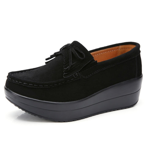 OdoRola Women's Flat Leather Shoes Thick Bottom Suede Slip-ons Loafers Platform Casual Shoes Body Slimming Shaking Shoes