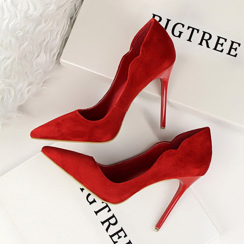 Simple Sweet Beauty Shoes High Heel Stiletto High Heel Shallow Mouth Suede OL Pointed Hollow Women Wedding Shoes Ladies Shoes