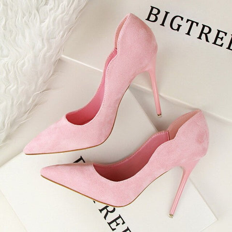 Simple Sweet Beauty Shoes High Heel Stiletto High Heel Shallow Mouth Suede OL Pointed Hollow Women Wedding Shoes Ladies Shoes