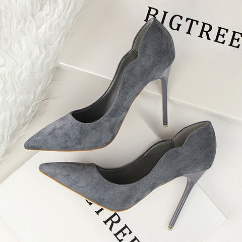 Simple Sweet Beauty Shoes High Heel Stiletto High Heel Shallow Mouth Suede OL Pointed Hollow Women Wedding Shoes Ladies Shoes