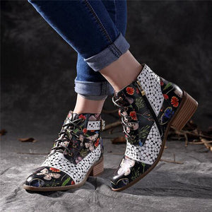 Winter Women Ankle Boots Ethnic Style Flower Printed Ladies Shoes PU Leather Boots Women High Heel Buckle Shoes Pump Botas Mujer