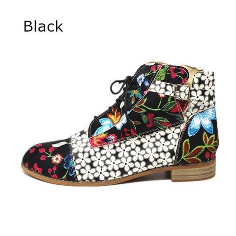 Winter Women Ankle Boots Ethnic Style Flower Printed Ladies Shoes PU Leather Boots Women High Heel Buckle Shoes Pump Botas Mujer