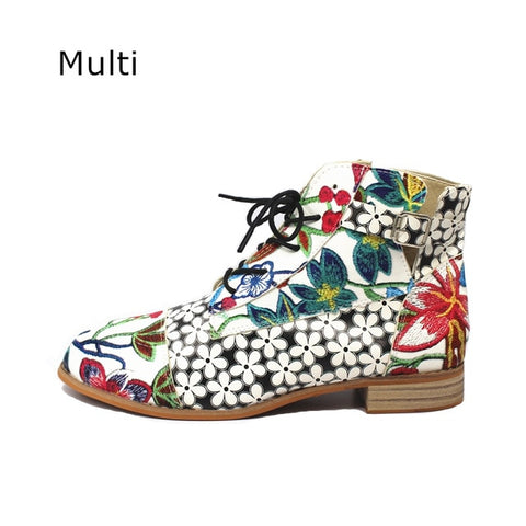 Winter Women Ankle Boots Ethnic Style Flower Printed Ladies Shoes PU Leather Boots Women High Heel Buckle Shoes Pump Botas Mujer