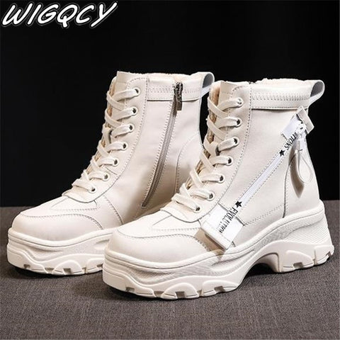 Women Thick Bottom Snow Boots 2019 lace up Martin Boots Women Ankle Military Zipper Brand Winter Warm Platform Wedge Heel Shoes