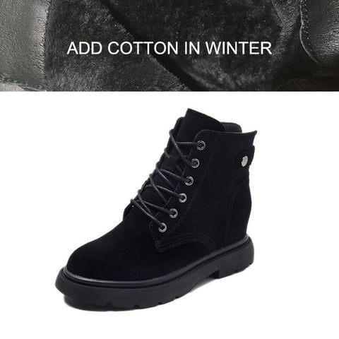 100% Genuine Leather Shoes Women Boots Warm Shoes Cow Leather Women Ankle Boots Autumn Winter Footwear Height Increasing 6.5cm A1649