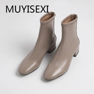 Elastic Ankle Boots Zipper 4cm Low Square Heels Round Toe Office Women Shoes Boots Black Beige Nude MING03 MUYISEXI