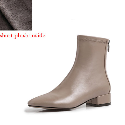 Elastic Ankle Boots Zipper 4cm Low Square Heels Round Toe Office Women Shoes Boots Black Beige Nude MING03 MUYISEXI