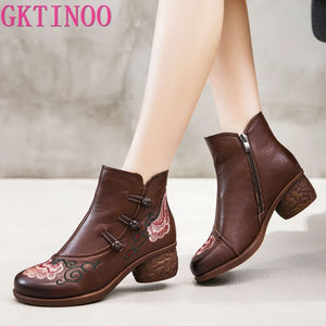 GKTINOO Genuine Leather Shoes Women Boots 2020 Autumn Winter Vintage Handmade Ankle Boots Soft Casual High Heels Shoes Woman