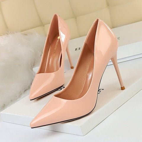 European Style Fashion Simple Professional OL High-heeled Shoes Thin Heels Shallow Mouth Pointed Lacquer Leateher Single Shoes