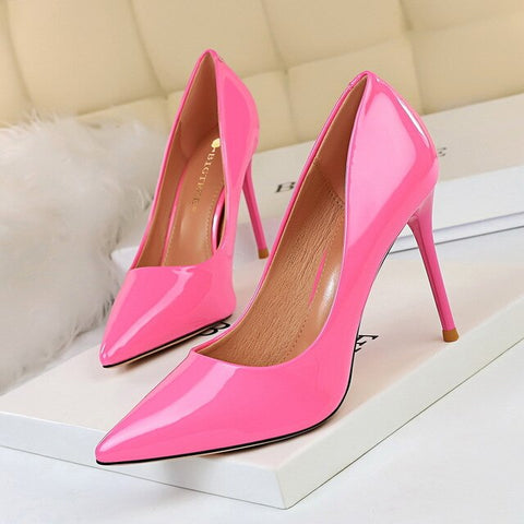 European Style Fashion Simple Professional OL High-heeled Shoes Thin Heels Shallow Mouth Pointed Lacquer Leateher Single Shoes