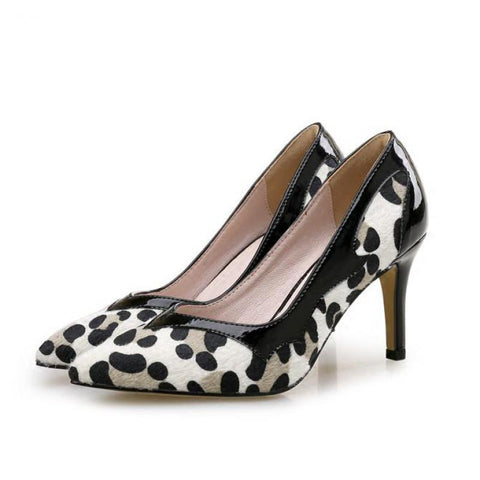 European Size 30-44 Genuine Leather Pointed High Heel Shoes Leopard Print Horse Hair Pumps Fashion Heels Womens Dress Shoes