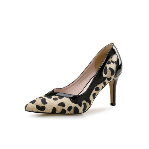 European Size 30-44 Genuine Leather Pointed High Heel Shoes Leopard Print Horse Hair Pumps Fashion Heels Womens Dress Shoes