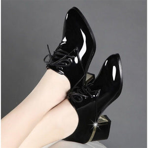 Autumn Genuine Leather Thick High Heel Shoes Winter Inside Plush Women Fashion Patent Leather Pointed Toe Pumps 459jk