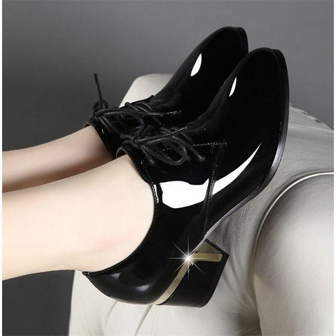 Autumn Genuine Leather Thick High Heel Shoes Winter Inside Plush Women Fashion Patent Leather Pointed Toe Pumps 459jk