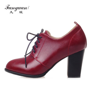 Fanyuan Black White high Heels women Oxford shoes Spring 2018 comfort Office lady Thick heels mature Pointed toe Lace-up Pumps